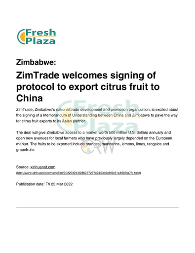 ZimTrade welcomes signing of protocol to export citrus fruit to China