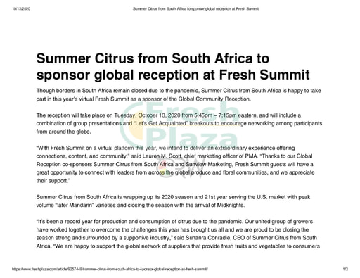 Summer Citrus from South Africa to sponsor global reception at Fresh Summit