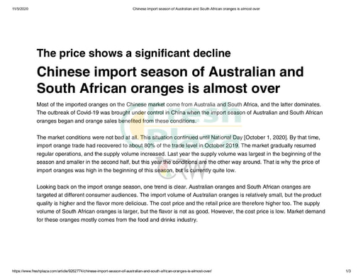 Chinese import season of Australian and South African oranges is almost over
