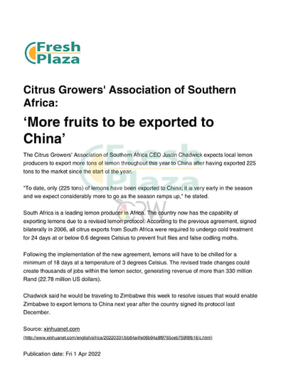 More fruits to be exported to China