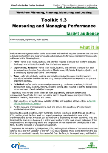 Toolkit 1.3 Measuring and Managing Performance (KPIs)