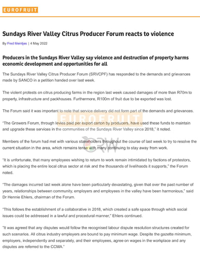 Sundays River Valley Citrus Producer Forum reacts to violence