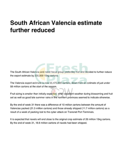 South African Valencia estimate further reduced