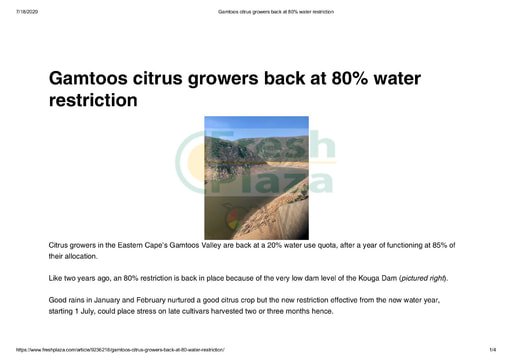 Gamtoos citrus growers back at 80% water restriction
