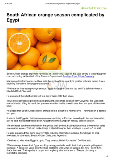 South African orange season complicated by Egypt