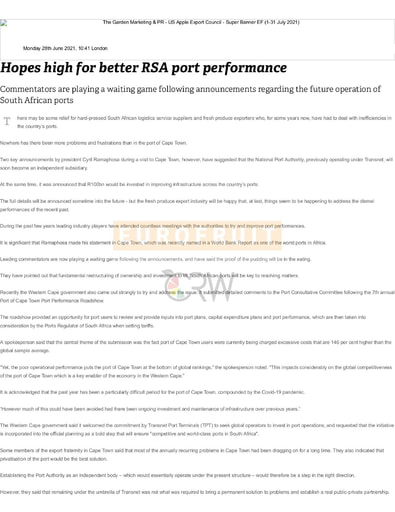 Hopes high for better RSA port performance