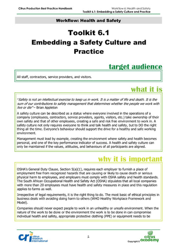 Toolkit 6.1 - Embedding Safety Culture and Practice