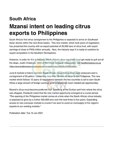 Mzansi intent on leading citrus exports to Philippines