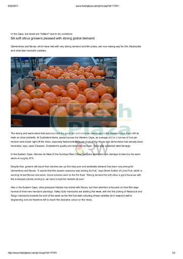 SA soft citrus growers pleased with strong global demand