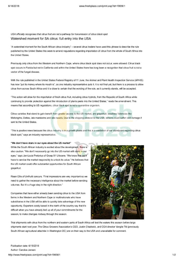 Watershed moment for SA citrus full entry into the USA