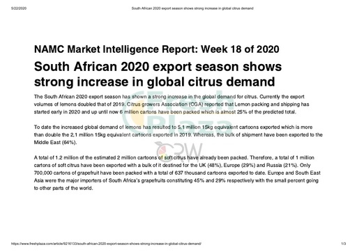 South African 2020 export season shows strong increase in global citrus demand