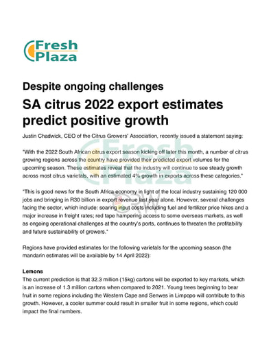 SA citrus 2022 export estimates predict positive growth