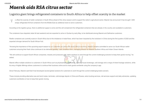 Maersk aids RSA citrus sector