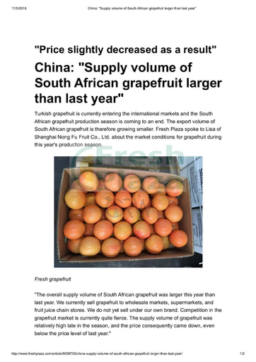 China: "Supply volume of South African grapefruit larger than last year"