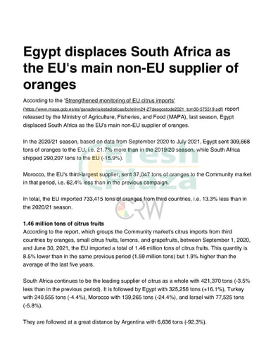 Egypt displaces South Africa as the EUs main non EU supplier of oranges