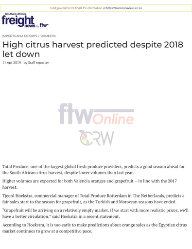 High citrus harvest predicted despite 2018 let down