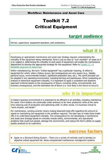 Toolkit 7.2 - Critical Equipment