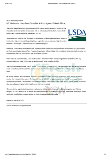 U.S. lifts ban on citrus from Citrus Black Spot regions of South Africa