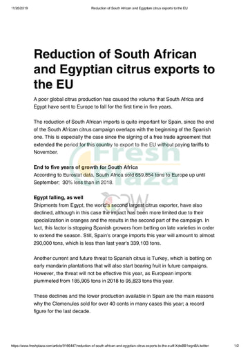 Reduction of South African and Egyptian citrus exports to the EU
