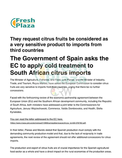 Government of Spain asks EC to apply cold treatment to SA citrus imports