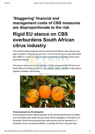 Rigid EU stance on CBS overburdens South African citrus industry