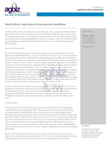 South Africa's agricultural sector growth conditions