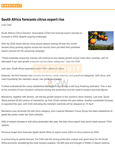 South Africa forecasts citrus export rise