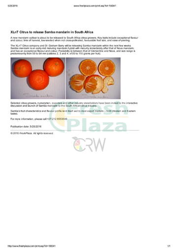 XLnT Citrus to release Samba mandarin in South Africa