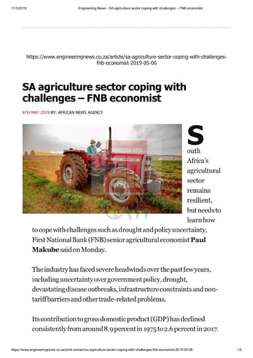SA agriculture sector coping with challenges