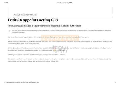 Fruit SA appoints acting CEO