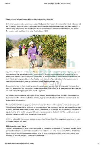 South Africa welcomes removal of citrus from high risk list