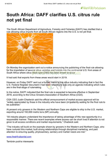 South Africa: DAFF clarifies US citrus rule not yet final