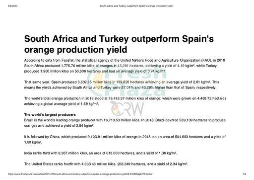 South Africa and Turkey outperform Spain's orange production yield