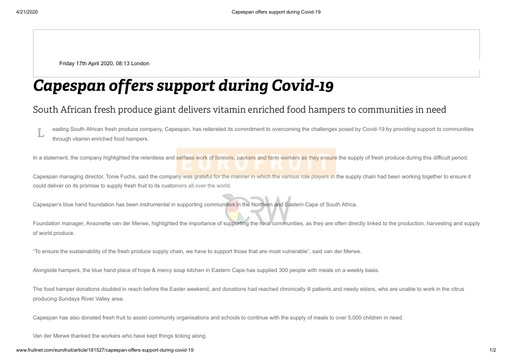 Capespan offers support during Covid-19