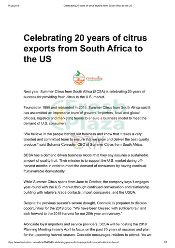 Celebrating 20 years of citrus exports from South Africa to the U.S.