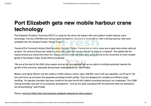 Port Elizabeth gets new mobile harbour crane technology
