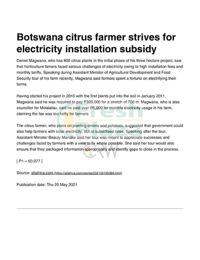 Botswana citrus farmer strives for electricity installation subsidy