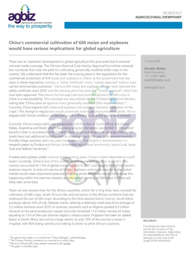 China's commercial cultivation of GM maize and soybeans would have serious implications for global agriculture