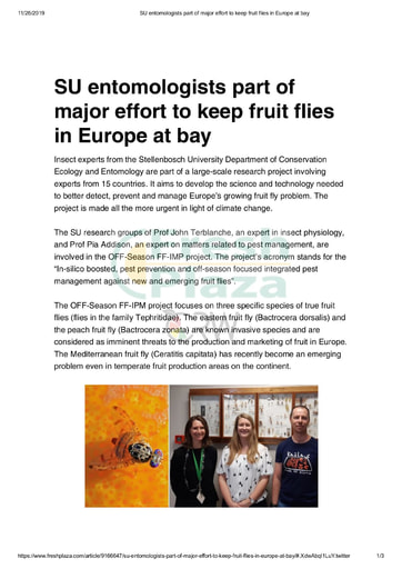 SU entomologists part of major effort to keep fruit flies in Europe at bay