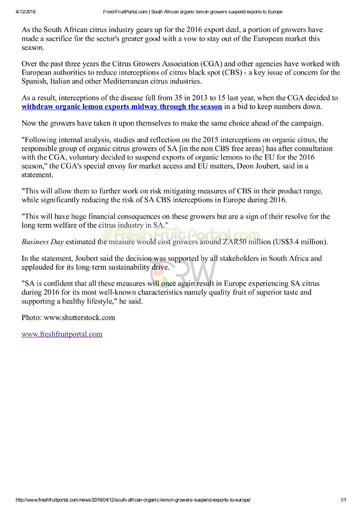 South African organic lemon growers suspend exports to Europe