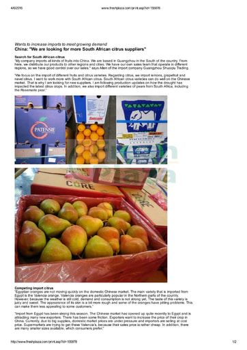 China: 'We are looking for more South African citrus suppliers'