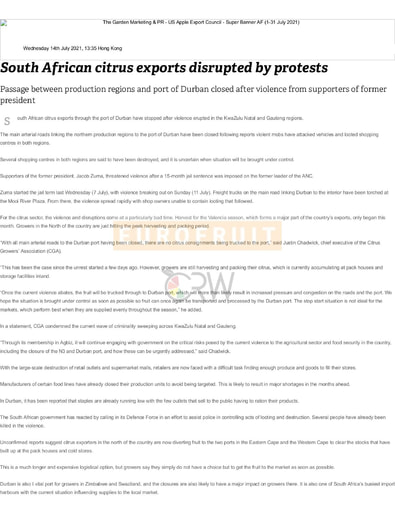 South African citrus exports disrupted by protests