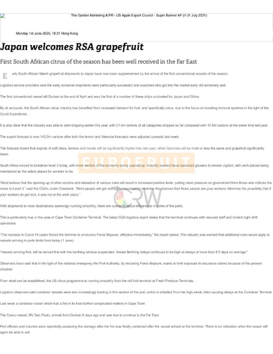 Japan welcomes RSA grapefruit