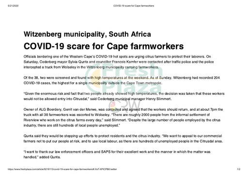 COVID-19 scare for Cape farmworkers