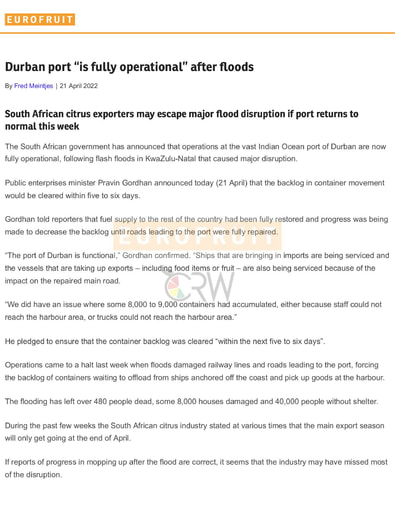 Durban port is "fully operational" after floods