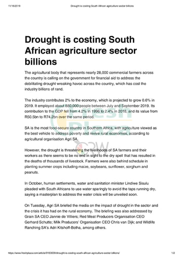 Drought is costing South African agriculture sector billions