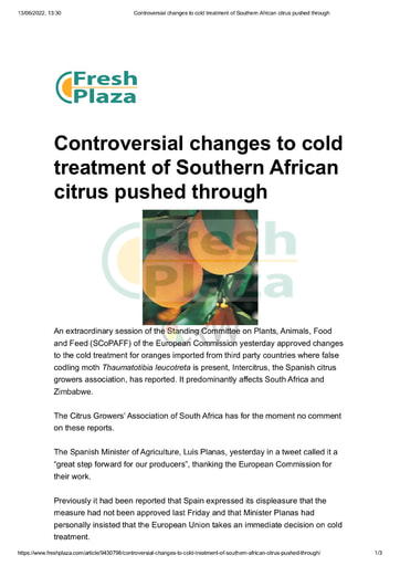 Controversial changes to cold treatment of S African citrus pushed through