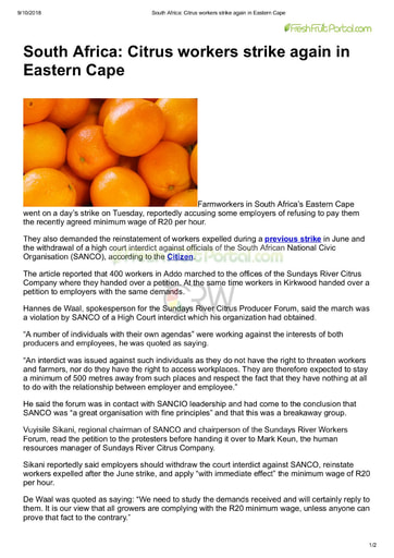 South Africa: Citrus workers strike again in Eastern Cape