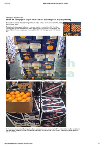 China: SA Orange price surges while kiwi and avocado prices drop significantly