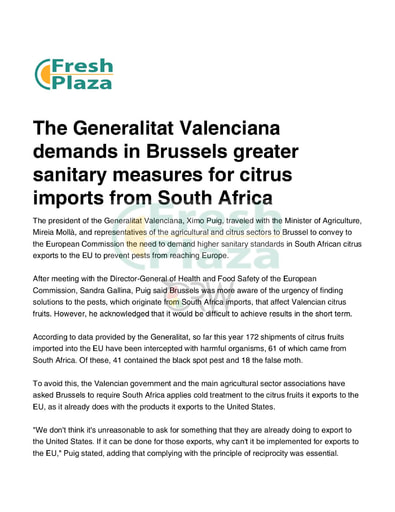 Generalitat Valenciana demands greater sanitary measures for citrus imports from South Africa